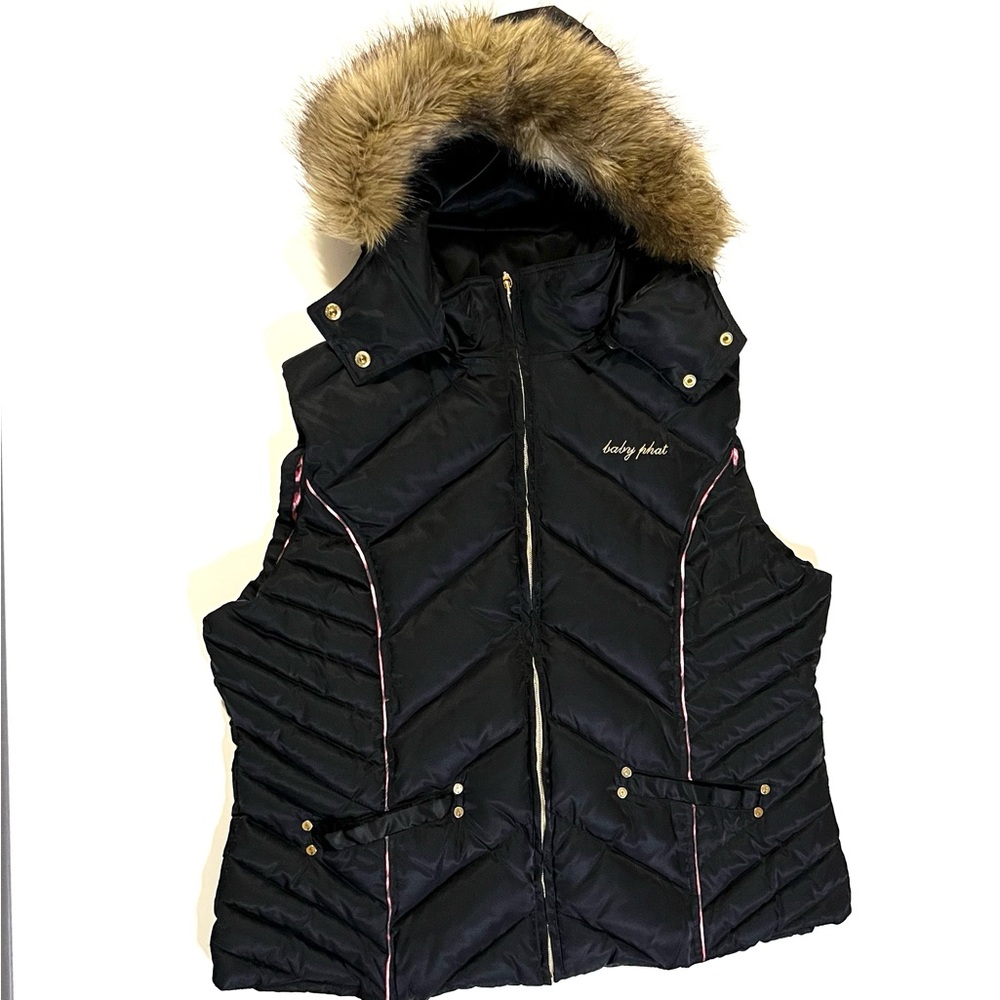 Baby Phat Y2K Faux Fur Hooded Puffer Vest Embroidered Logo On Back SZ XXL